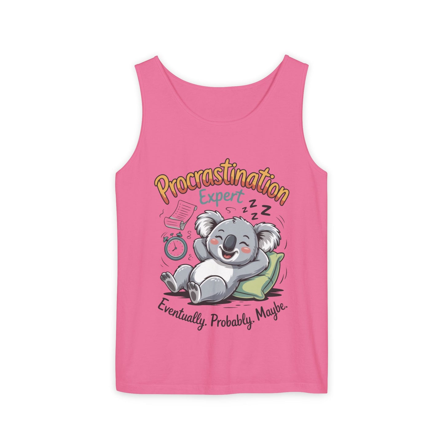 Procrastination Expert Womens Tank Top, Funny Gift for Lazy Days, Relaxed Fit Tee, Casual Summer Wear, Koala Graphic Top, Motivational Apparel