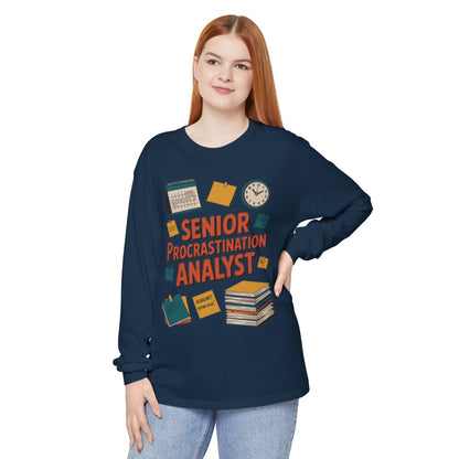 Senior Procrastination Analyst Long Sleeve Tee, Funny Work Shirt,Gift for Analysts, Office Humor, Meme Long Sleeve, Motivation Humor Apparel