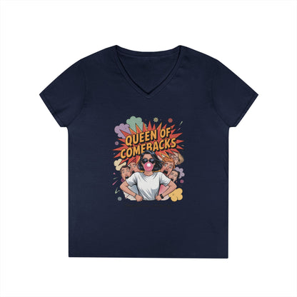 Queen of Comebacks V-Neck T-Shirt, Funny Graphic Tee, Gift for Friends, Humor Apparel, Casual Wear, Comedic Shirt