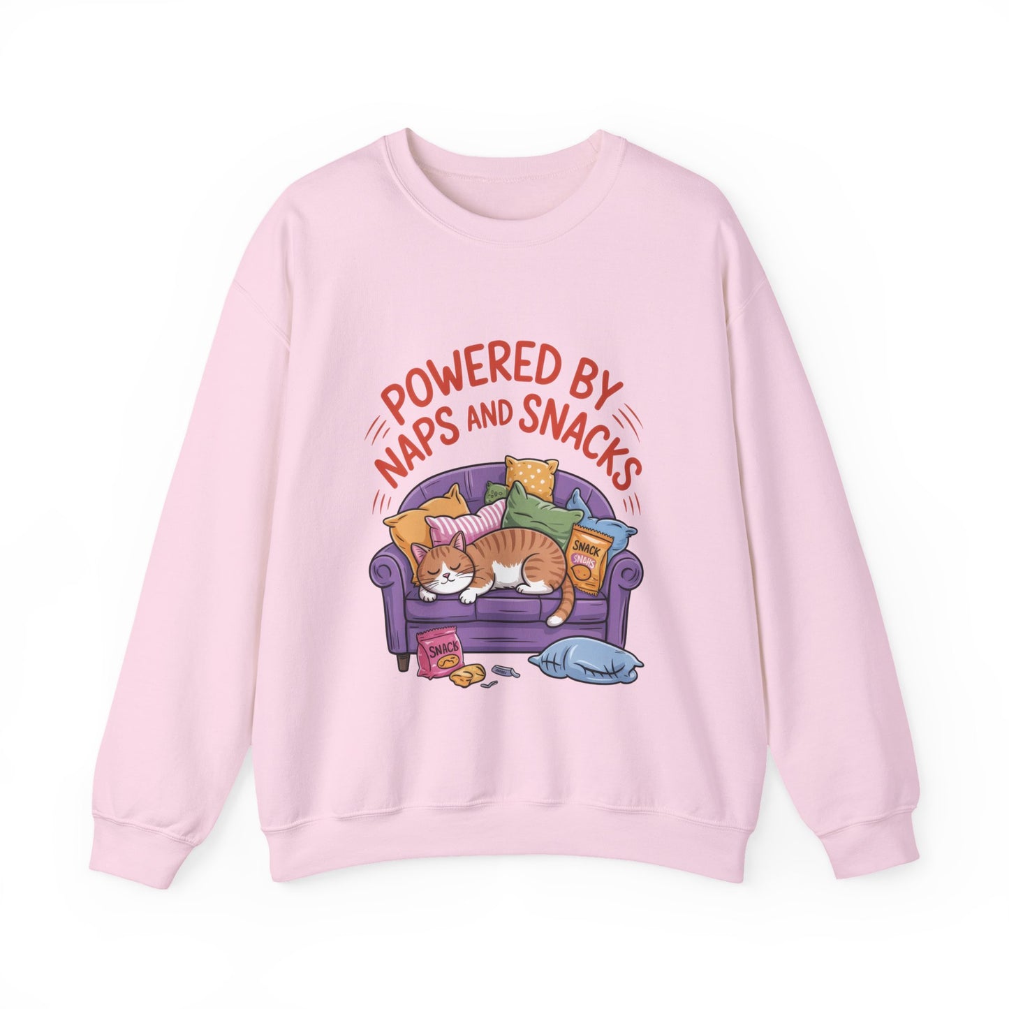 Powered by Naps and Snacks Sweatshirt, Cozy Lounge Crewneck, Gifts for Cat Lovers, Funny Cat Sweatshirt, Casual Everyday Wear