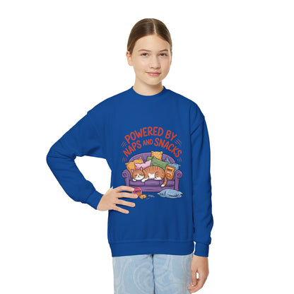 Youth Sweatshirt - Powered by Naps and Snacks, Cozy Apparel for Kids, Perfect for Chill Days, Gift for Cat Lovers, Funny Sweatshirt