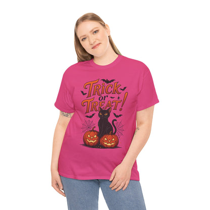 Trick or Treat Black Cat Halloween T-Shirt for Women, Spooky Cute Pumpkin Cat Tee, Fall Halloween Outfit Gift, Vintage Witchy Top