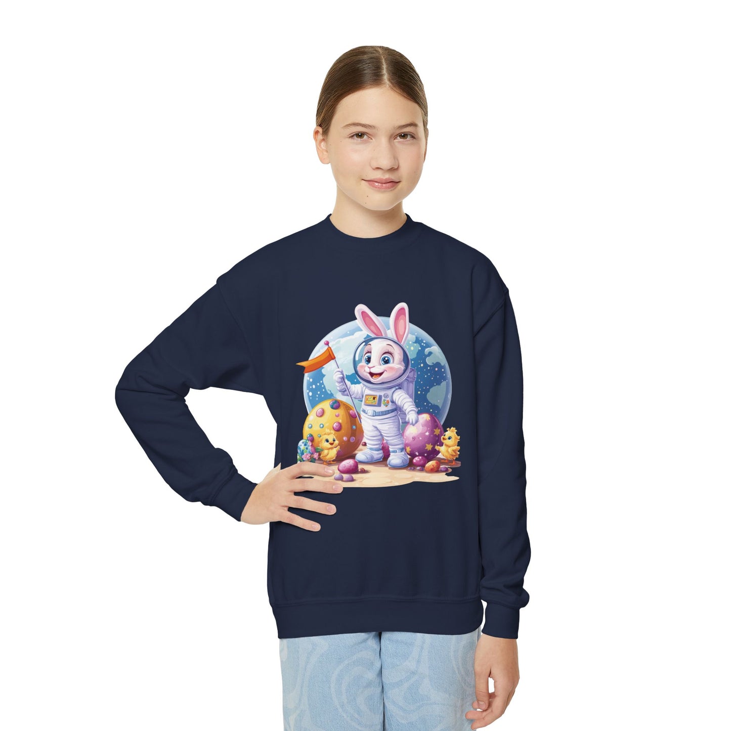 Astronaut Easter Bunny Youth Sweatshirt, Space Bunny Galaxy Crewneck for Kids, Cute Space Easter Gift for Boys & Girls, Fun Space Themed