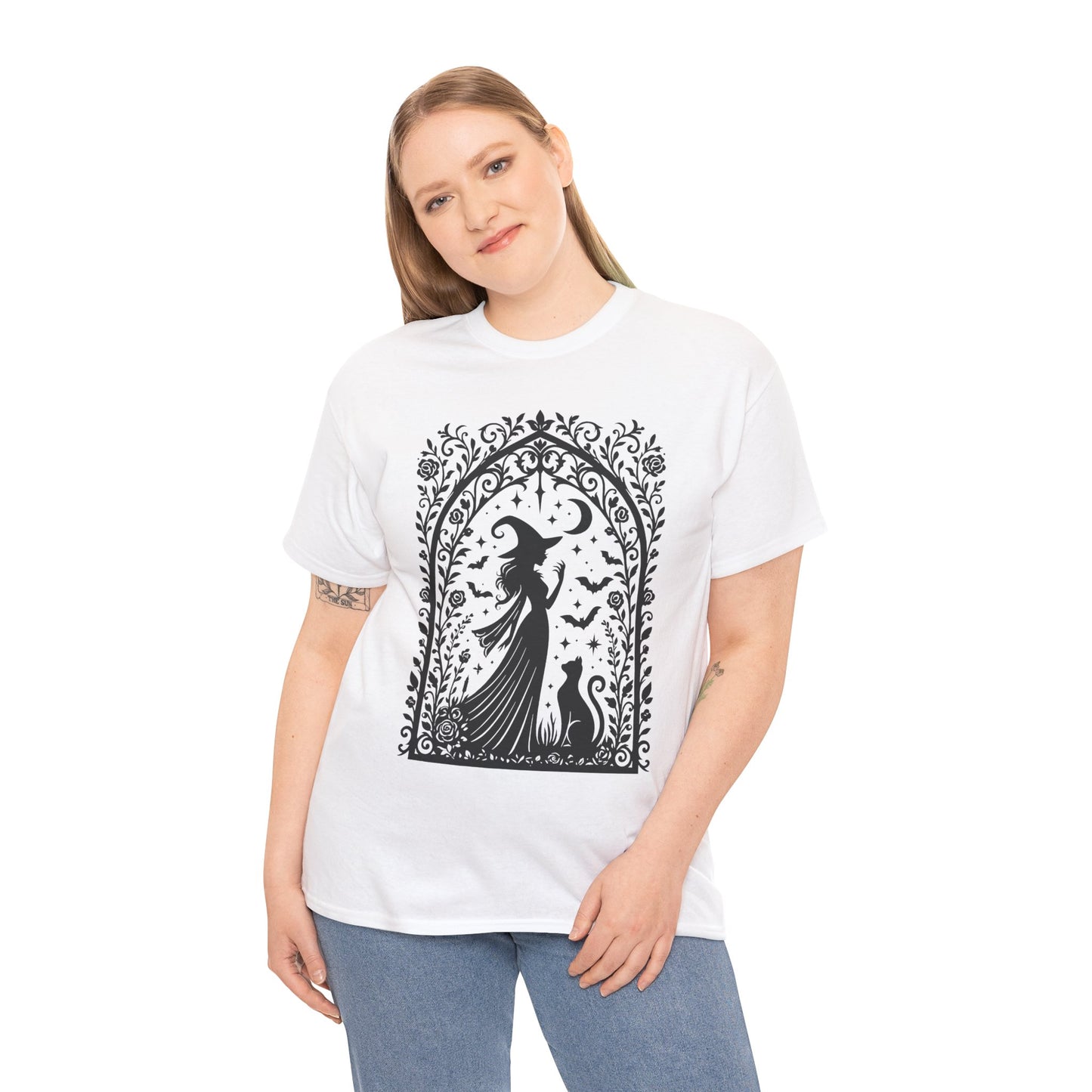 Gothic Witch & Cat Women's T-Shirt, Elegant Halloween Moon Silhouette Witchy Graphic Tee