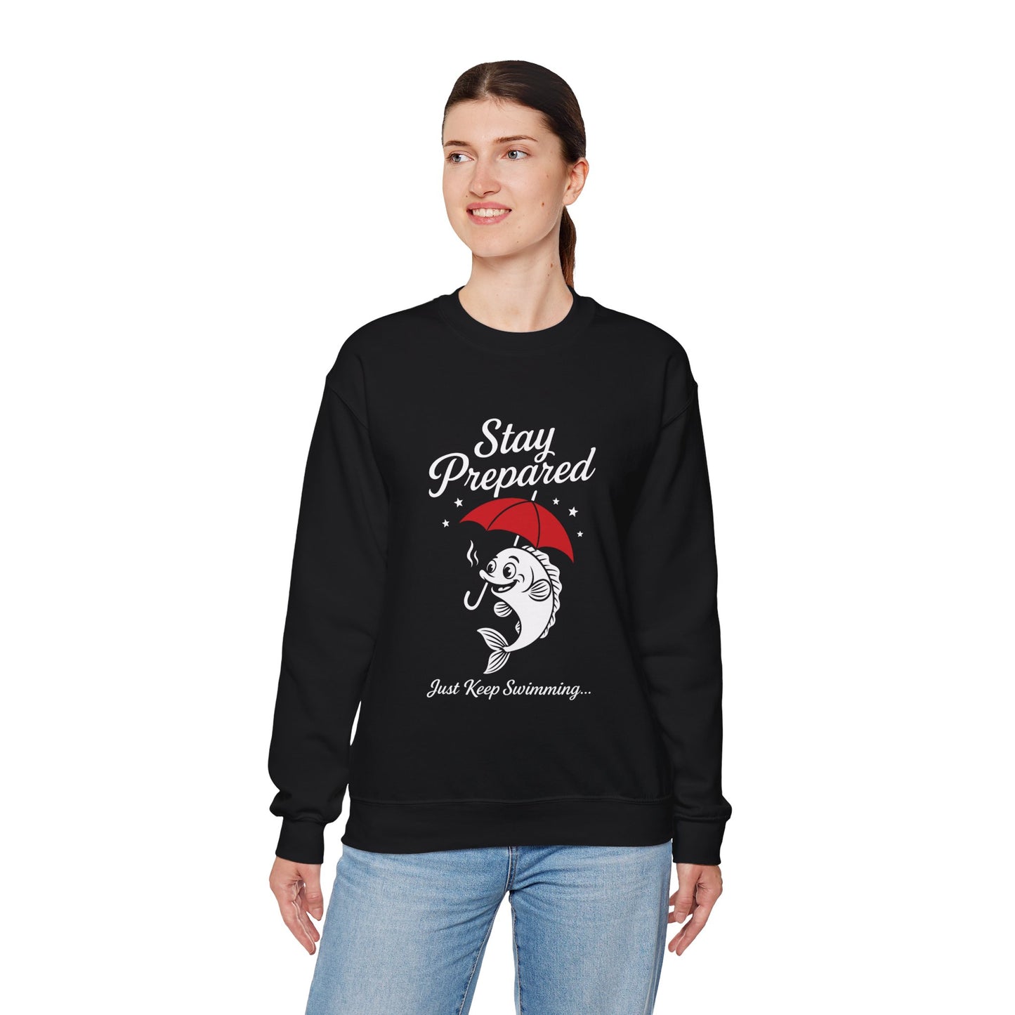 Funny Fish Womens Crewneck Sweatshirt - Stay Prepared Just Keep Swimming Nautical Pullover - Cozy Positive Gift, Fishing Humor