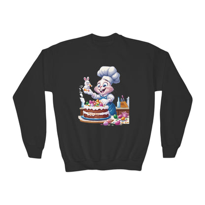Hoppy Baker Easter Bunny Youth Sweatshirt - Cute Spring Crewneck for Kids with Chef Bunny and Cake, Fun Holiday Gift for Easter Lovers