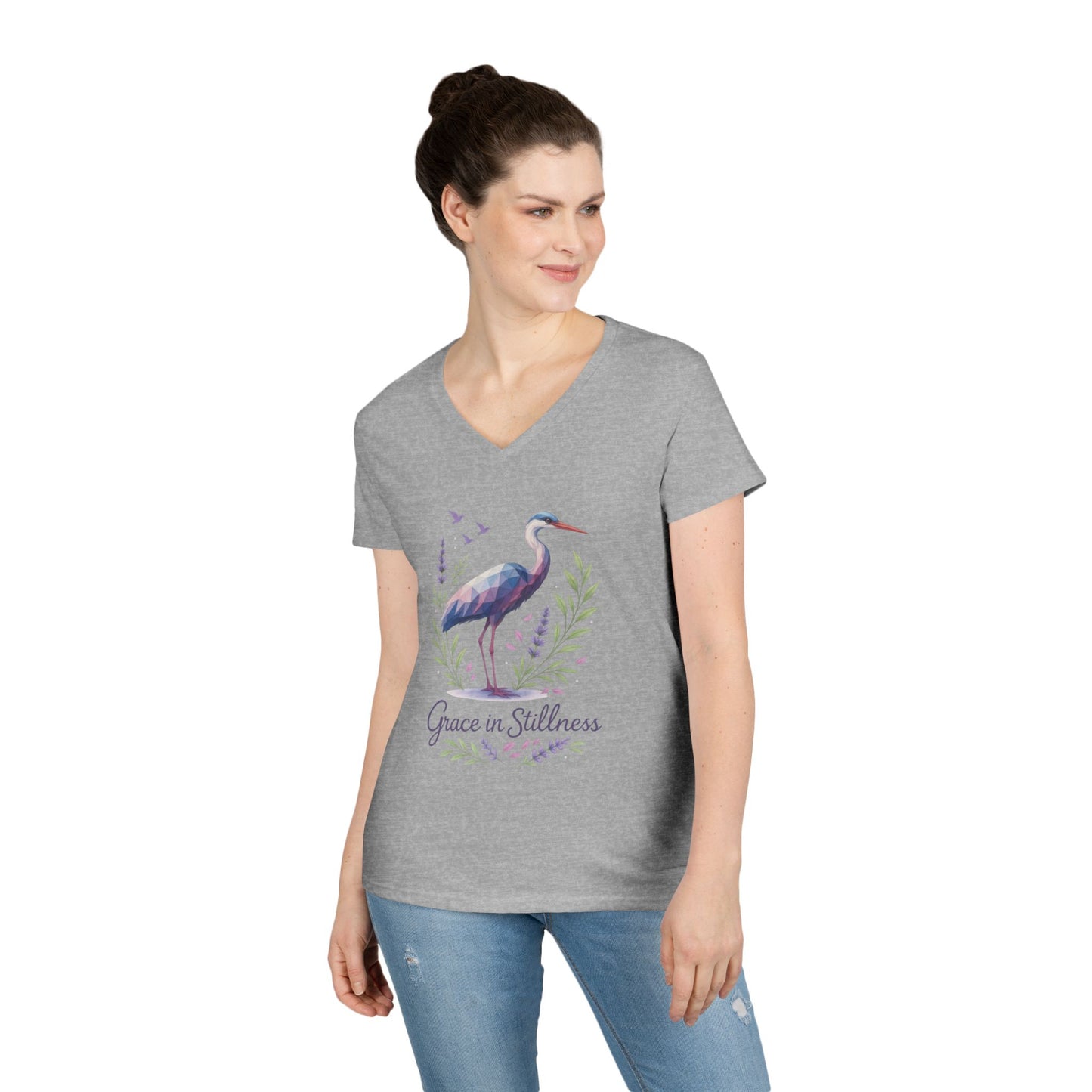 Ladies' V-Neck T-Shirt with Heron Design - Grace in Stillness, Relaxed Fit, Nature-Inspired Gift, Travel Tee, Summer Fashion