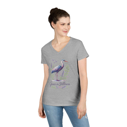 Ladies' V-Neck T-Shirt with Heron Design - Grace in Stillness, Relaxed Fit, Nature-Inspired Gift, Travel Tee, Summer Fashion