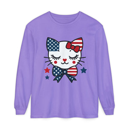 Patriotic Cat Long Sleeve T-Shirt, Women's Tee, Perfect for Fourth of July, Animal Lover Gift, Cozy Casual Wear, Holiday Apparel