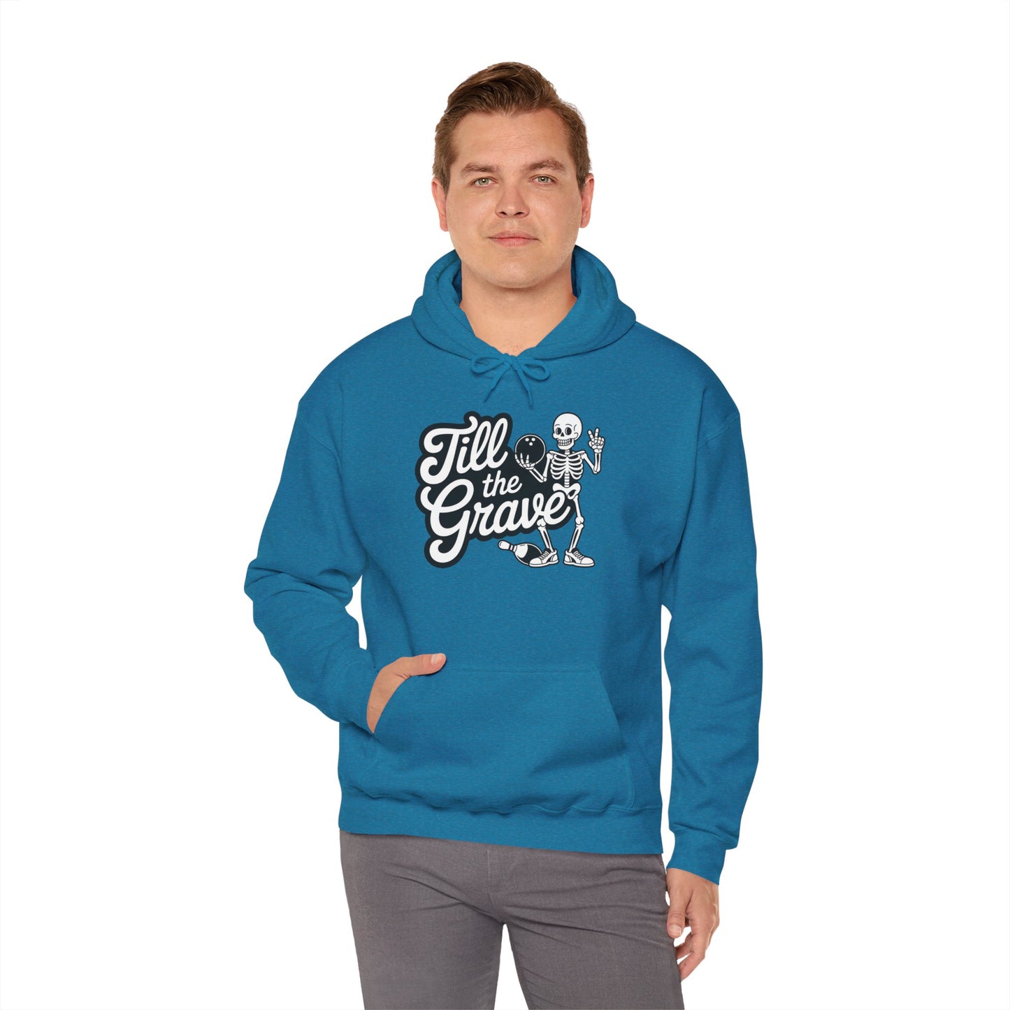 Funny Skeleton Bowling Mens Hoodie, Halloween Apparel, Funny Skeleton Bowling Shirt, Casual Mens Crewneck, Cool Bowler Skull Hoodie