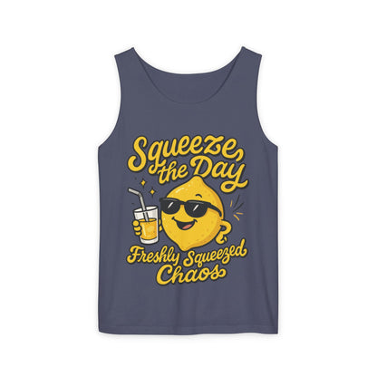 Squeeze The Day Womens Tank Top - Funny Lemon Pun Shirt - Freshly Squeezed Chaos Summer Citrus Top, Casual Beachwear, Fun Summer Apparel