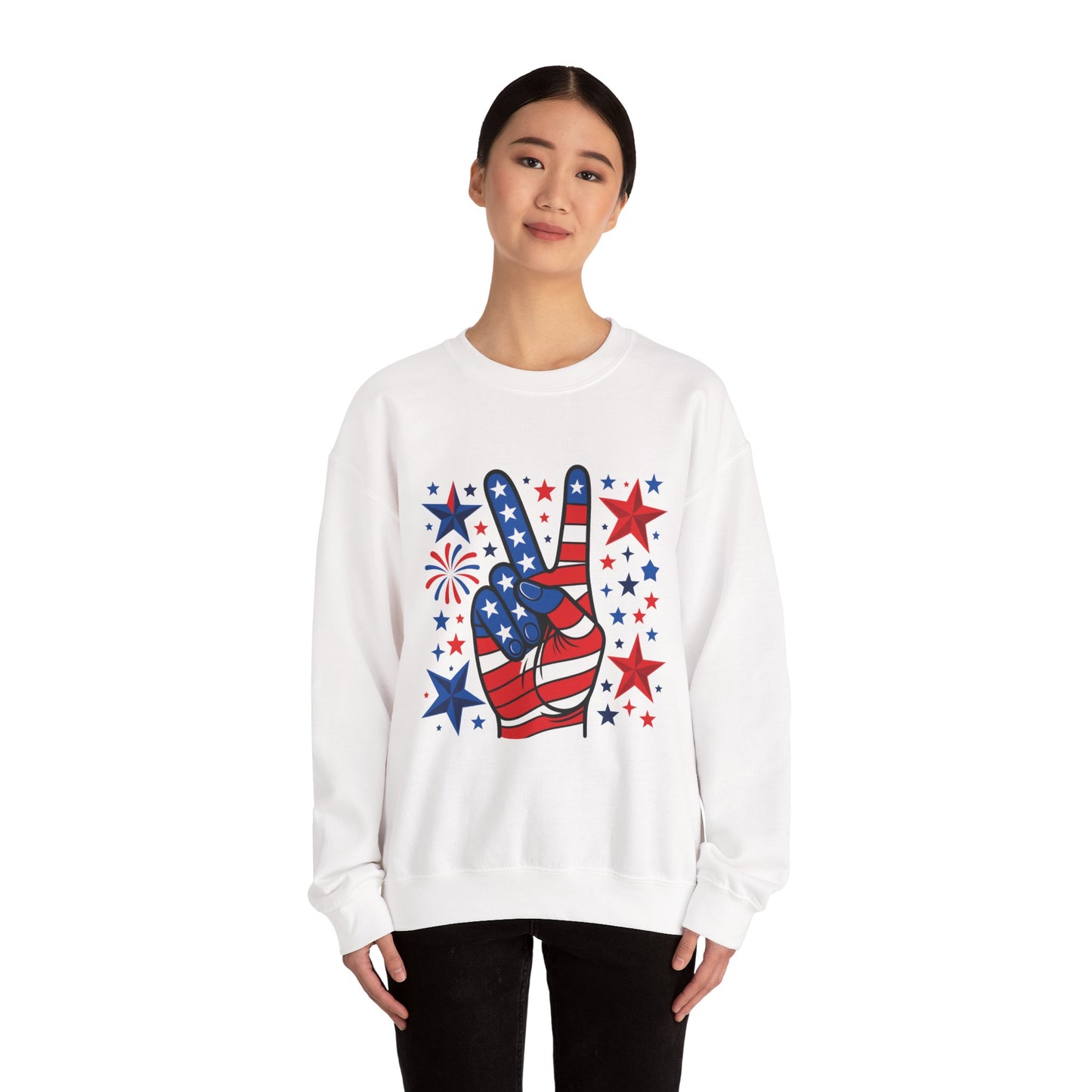 Patriotic Peace Crewneck Sweatshirt - Unisex Heavy Blend, 4th of July Clothing, Peace Sign Design, Casual Wear, Gift for Him/Her
