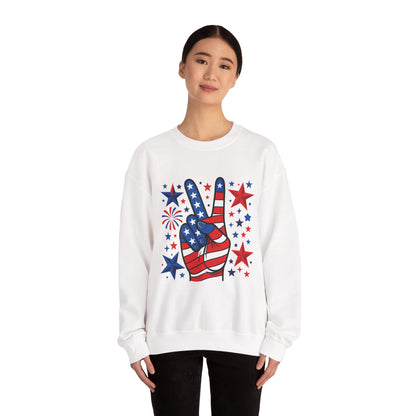 Patriotic Peace Crewneck Sweatshirt - Unisex Heavy Blend, 4th of July Clothing, Peace Sign Design, Casual Wear, Gift for Him/Her