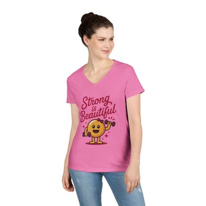 Ladies' V-Neck T-Shirt, Strong is Beautiful Womens Tee, Cute Fitness Character Tee, Inspirational Workout Shirt, Gym Motivation Gift for Her