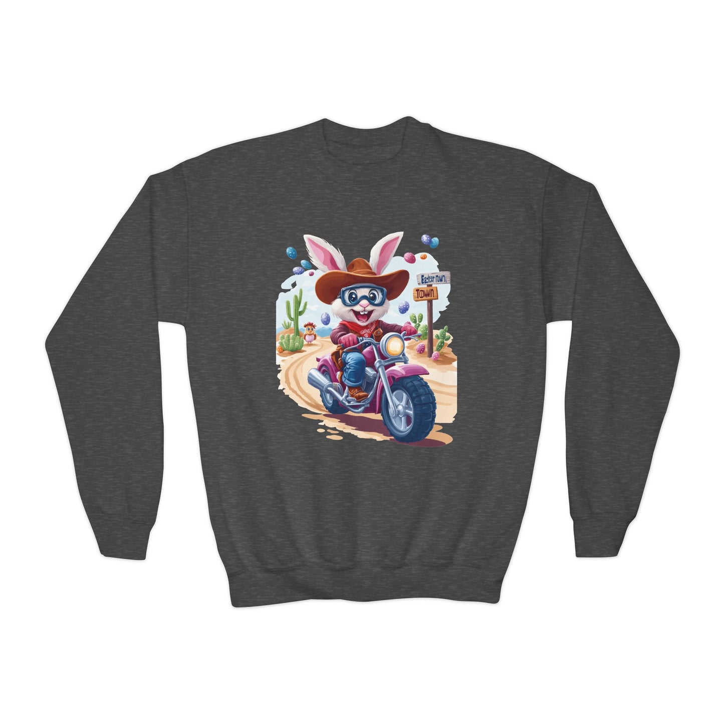 Biker Bunny Youth Sweatshirt - Fun Easter Bunny Riding Motorcycle, Cute Spring Gift for Kids, Playful Holiday Crewneck for Boys & Girls