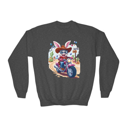 Biker Bunny Youth Sweatshirt - Fun Easter Bunny Riding Motorcycle, Cute Spring Gift for Kids, Playful Holiday Crewneck for Boys & Girls