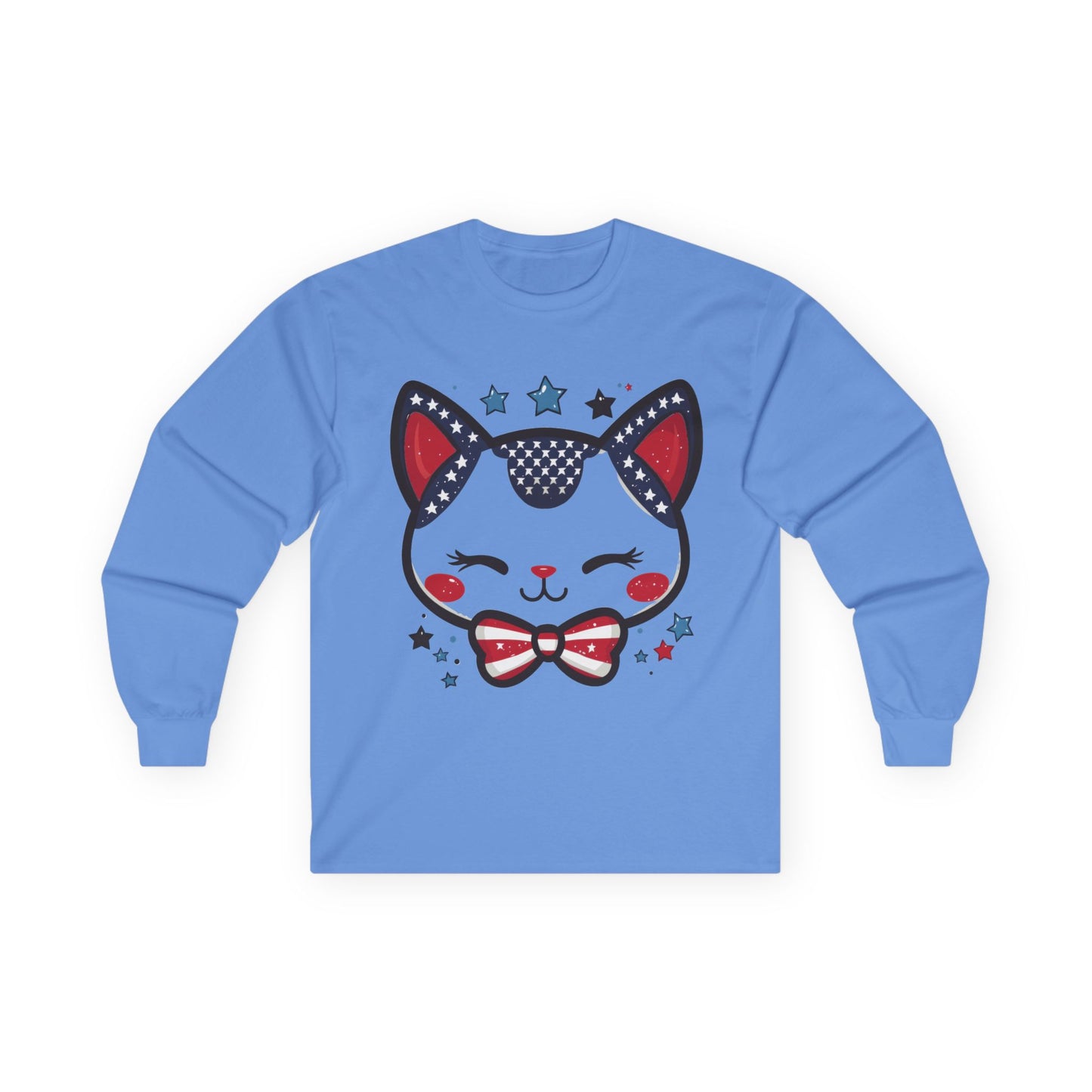 Cute Patriotic Cat Long Sleeve Tee, Unisex Cotton Shirt, Cat Lover Gift, 4th of July Tee, Fun Casual Wear, Holiday Apparel