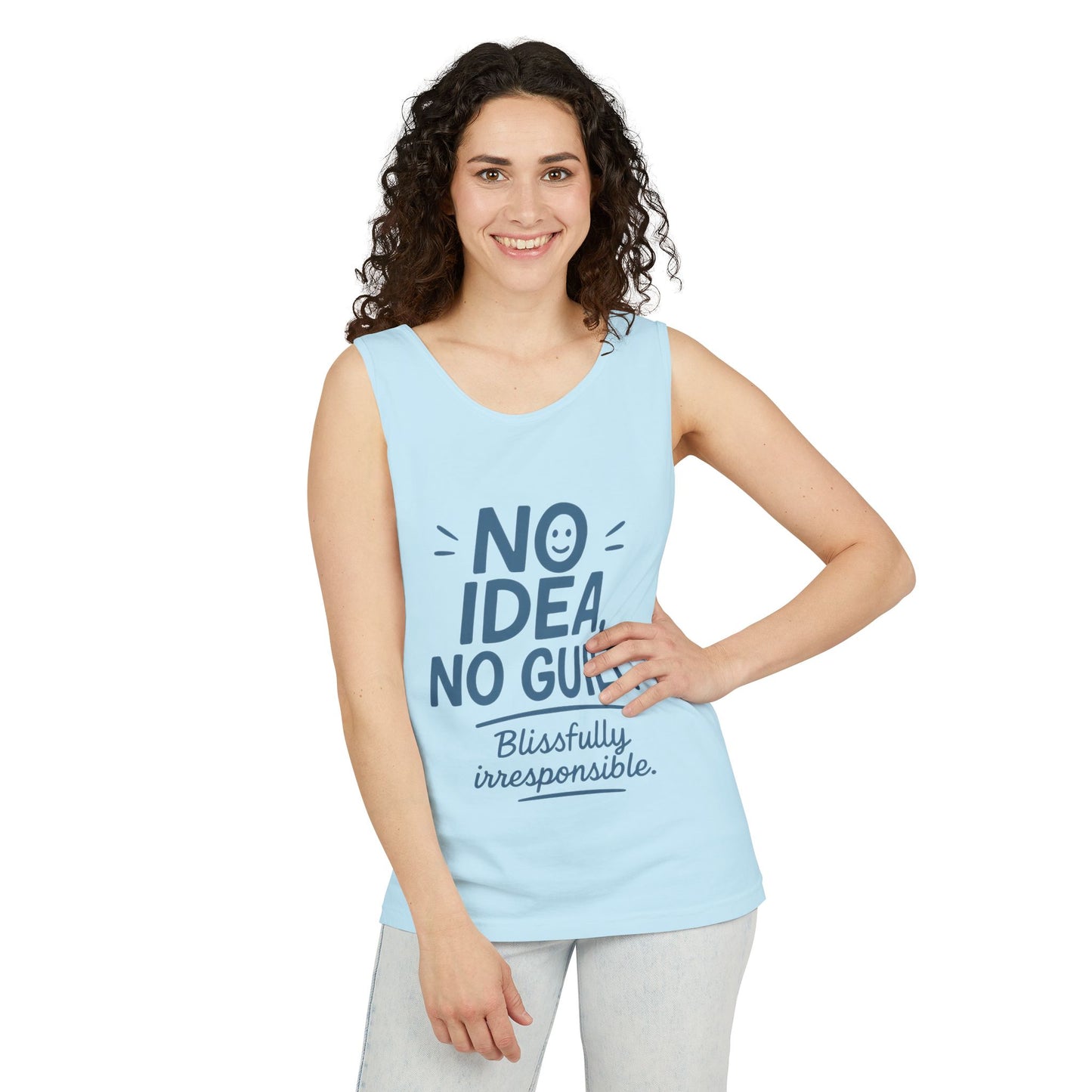 Womens No Guilt Tank Top, No Idea Funny Quote, Blissfully Irresponsible Workout Tee, Casual Sleeveless Top, Summer Activewear, Relaxed Style