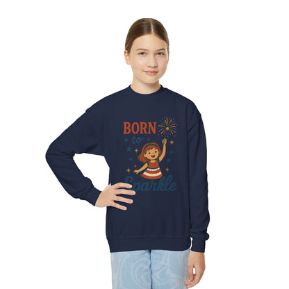 4th of July Youth Crewneck Sweatshirt, Born to Sparkle Tee, Patriotic Fireworks Toddler Crewneck, Independence Day Outfit for Tween Girls