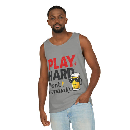 Casual Tank Top with Play Hard Print, Fun Summer Apparel, Gift for Dad or Friends, Beach Wear, Workout Top, Party Attire