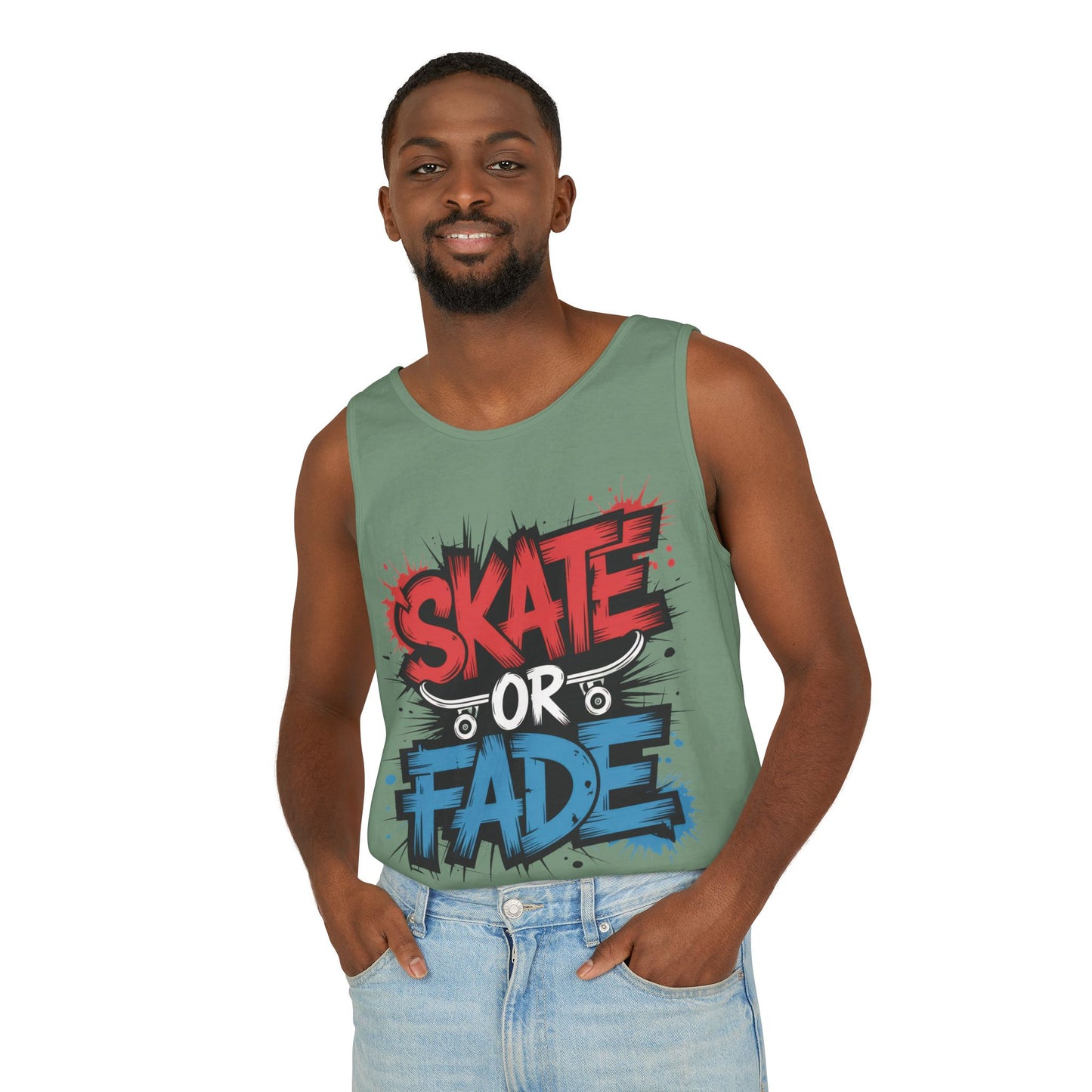 Skate Or Fade Men's Tank Top, Graffiti Skateboard Graphic Muscle Shirt, Urban Streetwear Sleeveless Top, Men's Garment-Dyed Tank Top