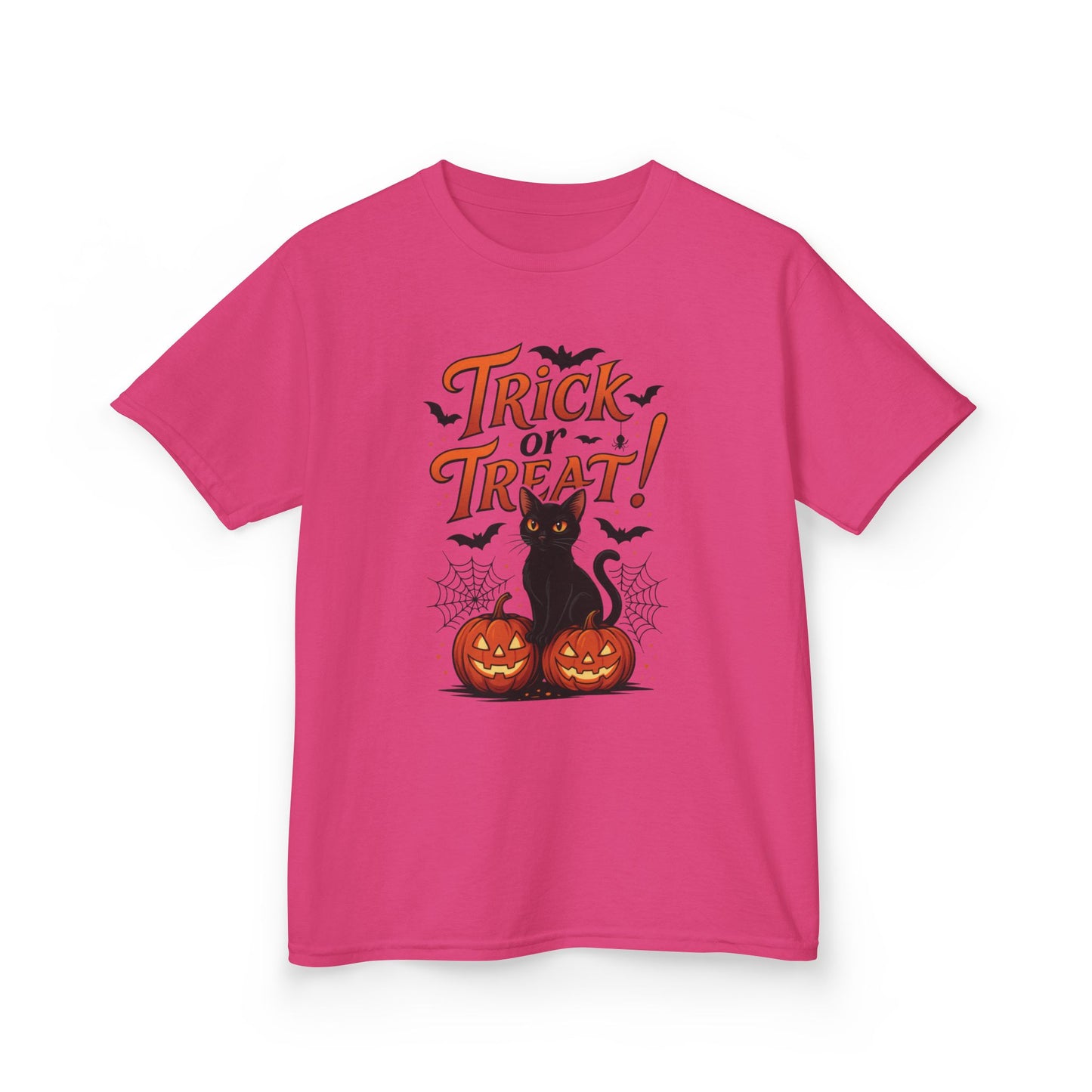 Cute Trick or Treat Black Cat T-Shirt for Girls Boys, Fun Spooky Halloween Tee, Pumpkin Cat Shirt for Kids, Fall Party Outfit