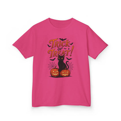 Cute Trick or Treat Black Cat T-Shirt for Girls Boys, Fun Spooky Halloween Tee, Pumpkin Cat Shirt for Kids, Fall Party Outfit