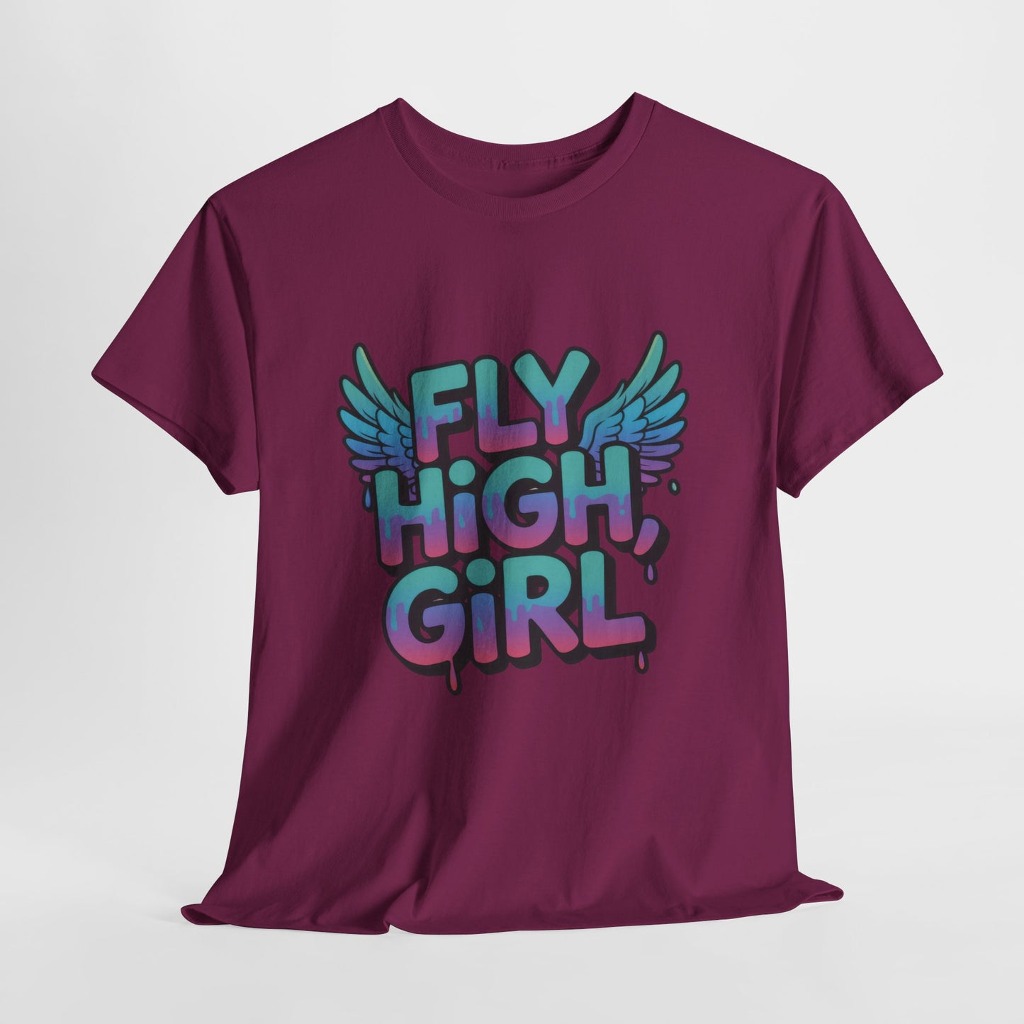 Womens Graphic Tee Fly High Girl, Angel Wings Graffiti Drip T-Shirt, Bold Streetwear Top