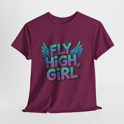 Womens Graphic Tee Fly High Girl, Angel Wings Graffiti Drip T-Shirt, Bold Streetwear Top