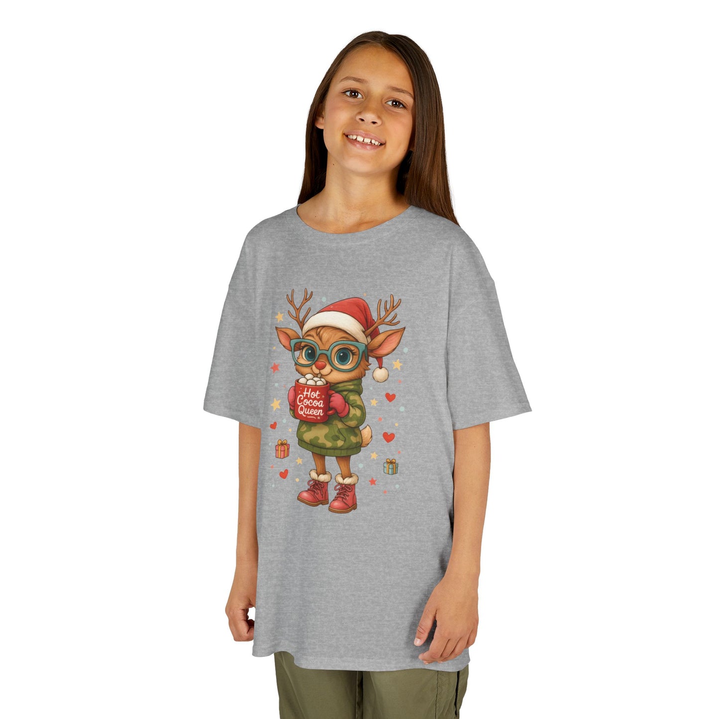 Hot Cocoa Queen Christmas T-Shirt for Girls, Cute Holiday Reindeer Tee