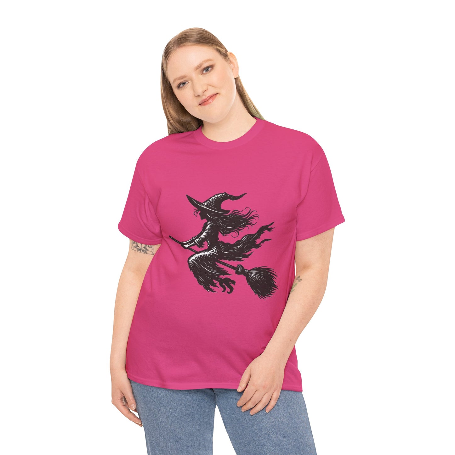 Flying Witch Silhouette Halloween T-Shirt for Women, Vintage Witch on Broom Tee, Spooky Gothic Fall Shirt, Minimal Black Witch Top
