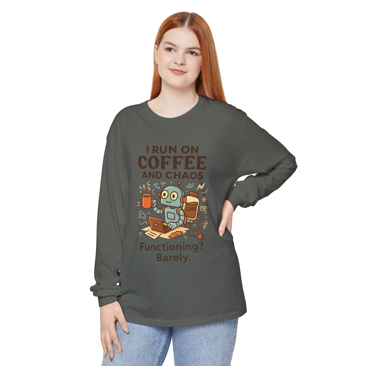 Coffee Chaos Long Sleeve Tee, Funny T-Shirt, Quirky Gift for Coffee Lovers, Unisex Top for Busy Lives, Work from Home Humor Tee