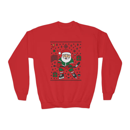 Hockey Santa Youth Christmas Sweatshirt, Funny Sports Holiday Jumper for Boys
