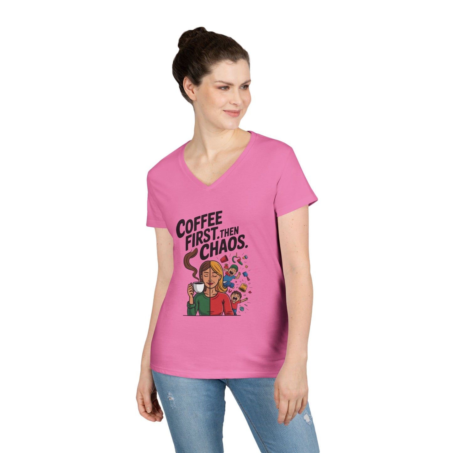 Coffee First Then Chaos V-Neck T-Shirt, Funny Mom Life Shirt, Mother's Day Gift, Mom Humor Tee, mom graphic tee, caffeine lover tee