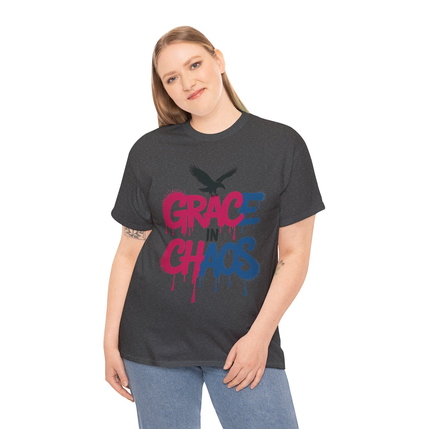 Womens Graffiti T-Shirt, Grace in Chaos Dripping Street Art Tee, Bold Urban Graphic Shirt