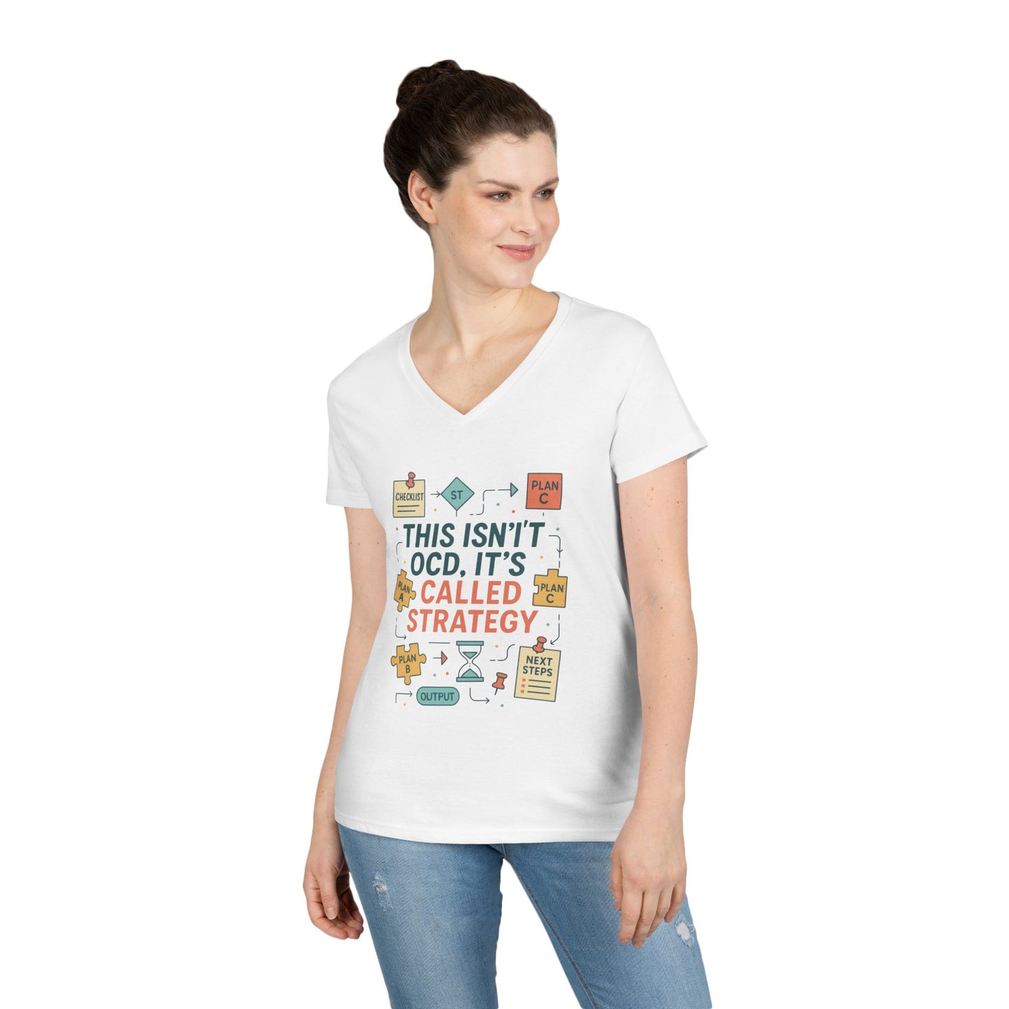Funny Womens Strategy V-Neck T-Shirt, This Isnt OCD Its Called Strategy, Planner Girl Gift Tee, Gift for Strategists, Office Humor Top