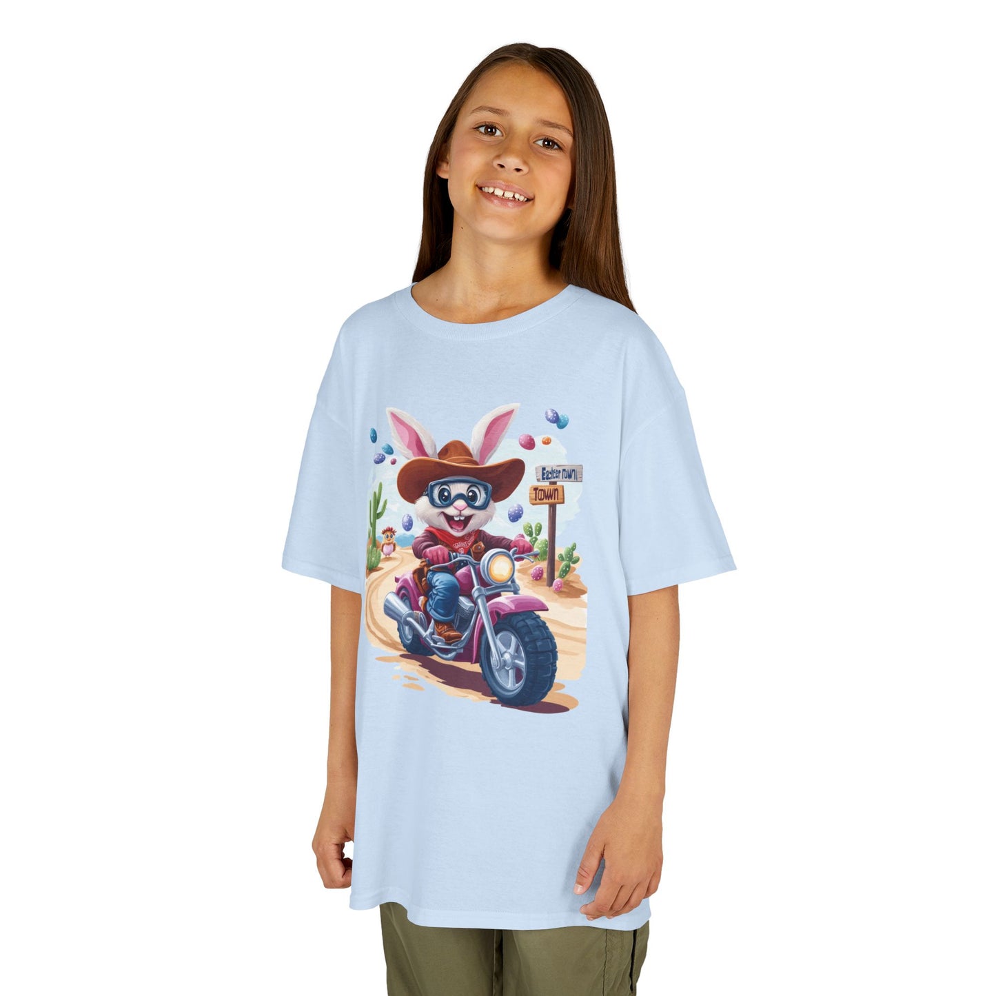 Biker Bunny Kids Tee - Fun Easter Shirt for Boys & Girls, Cute Spring Outfit with Motorcycle Rabbit Heavy Cotton Toddler T-Shirt Bunny Rider