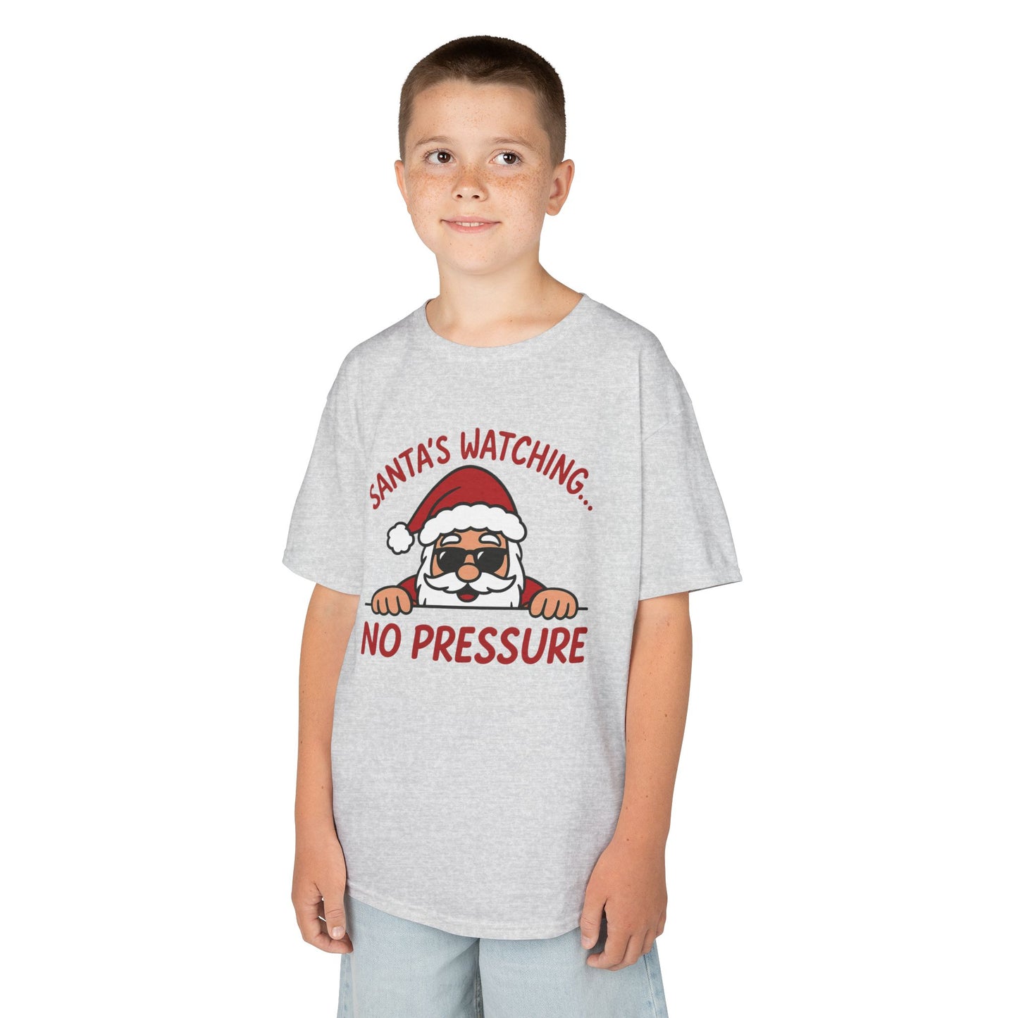 Santa's Watching No Pressure Kids Christmas T-Shirt, Funny Holiday Tee for Youth