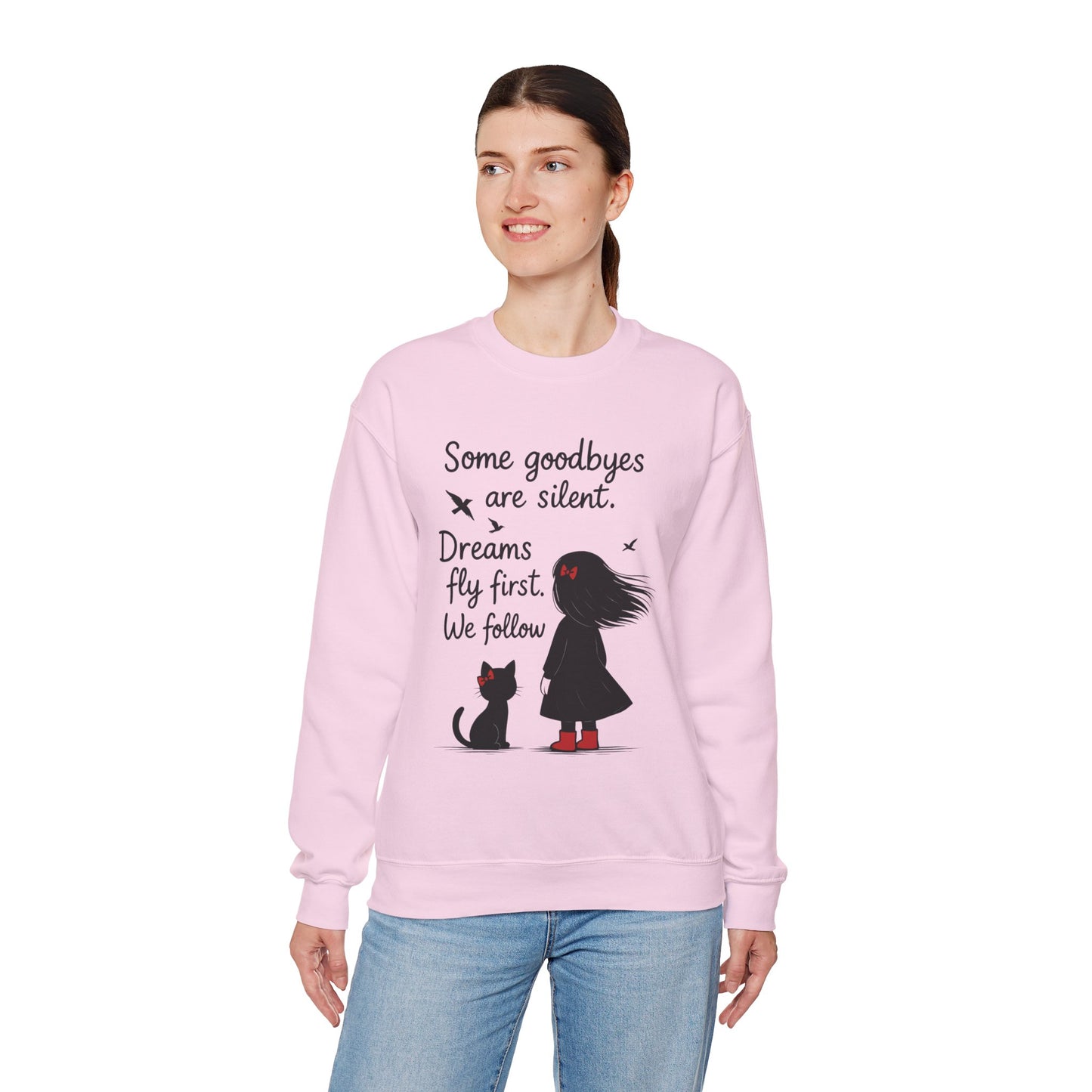 Cozy Farewell Girl & Cat Pullover, Hand Drawn Red Dress Art, Minimalist Womens Crewneck