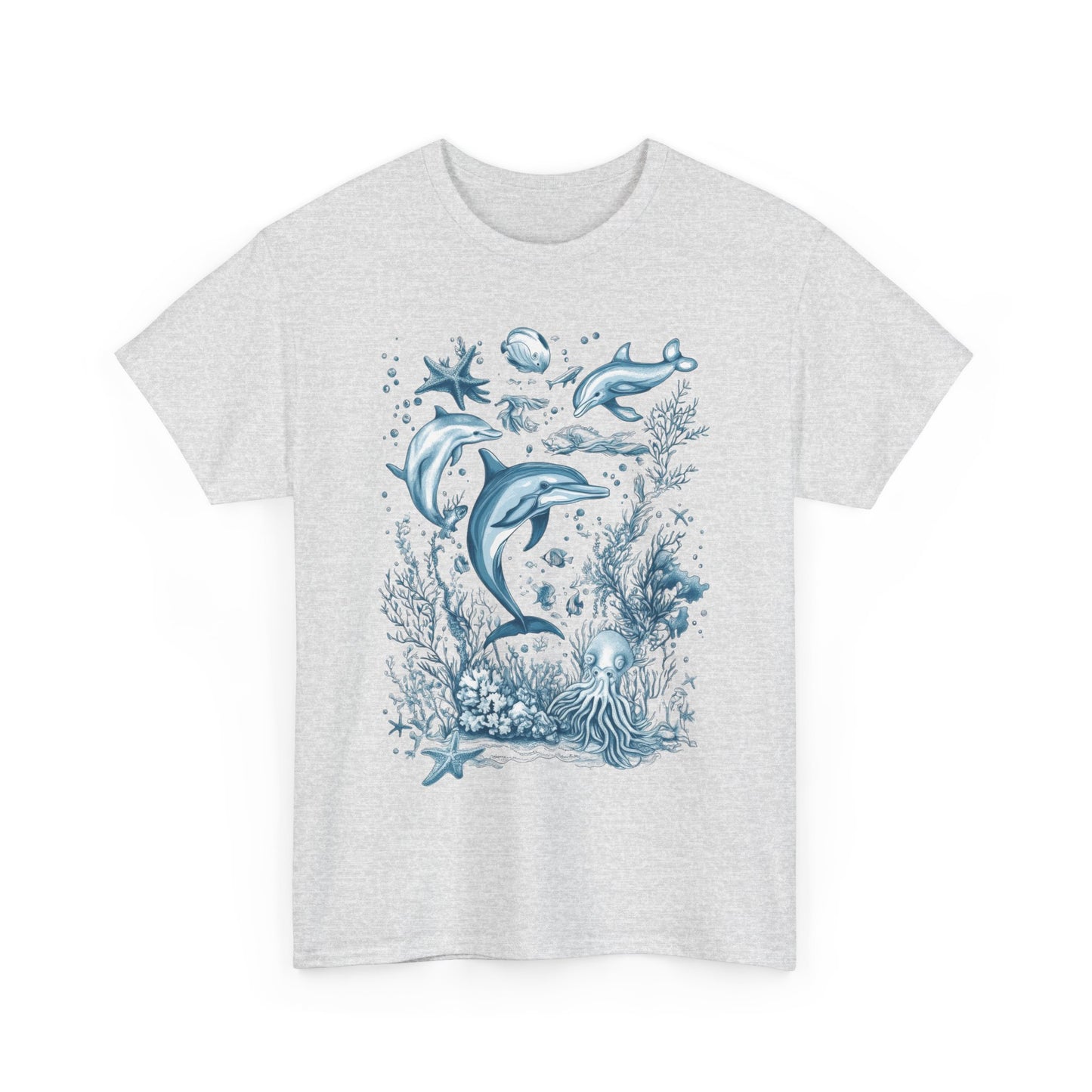 Ocean Life Dolphin T-Shirt, Women's Cotton Tee with Underwater Sea Creatures, Marine Nature Gift Shirt, Perfect for Beach Lovers