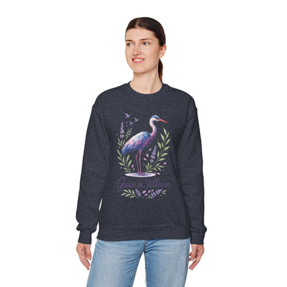 Polygonal Heron Graphic Sweatshirt, Women's Artistic Bird Crewneck, Nature-Inspired Minimalist Design, Geometric Crane, Bird Lovers Gift