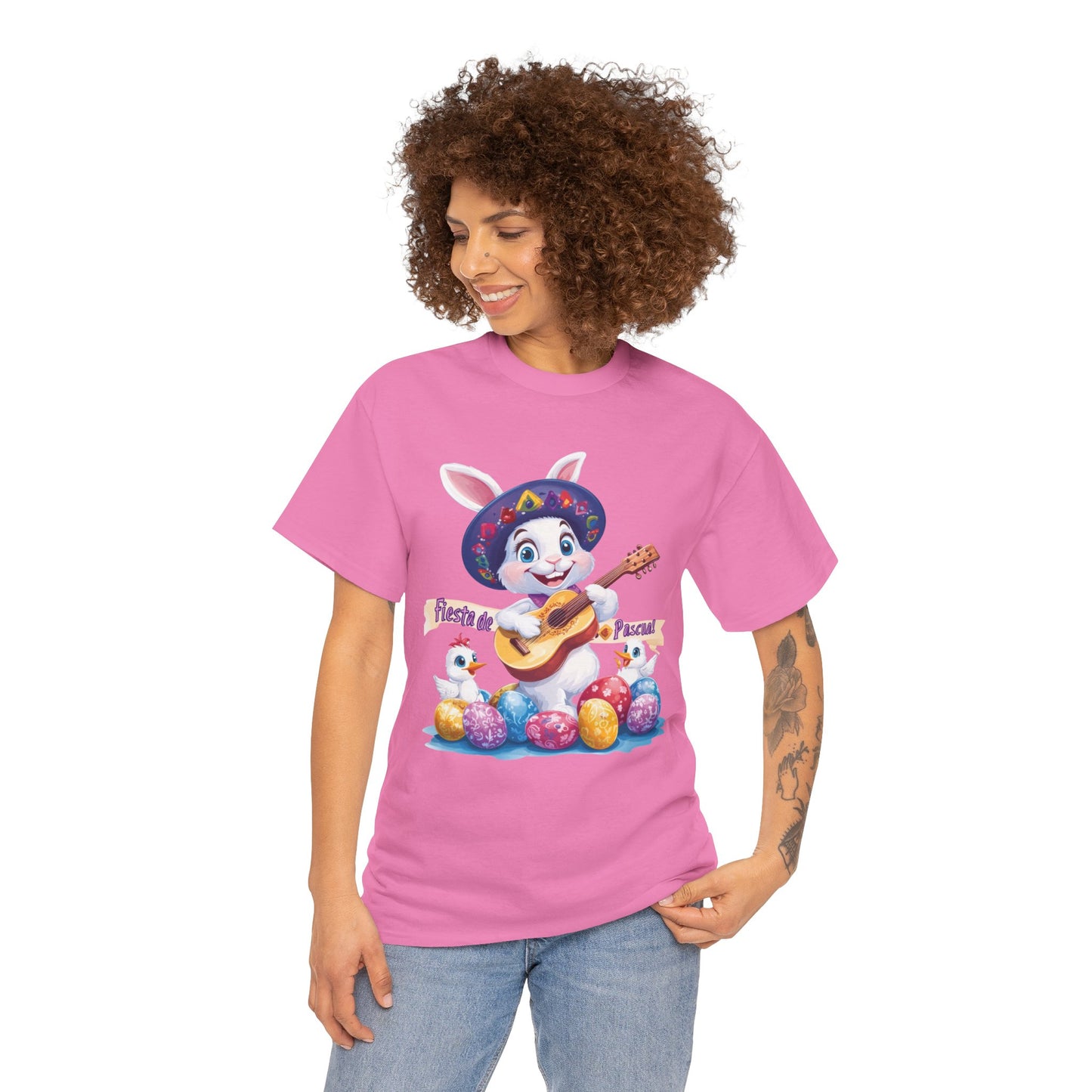 Fiesta de Pascua Bunny Shirt, Funny Easter Rabbit Playing Guitar Tee, Colorful Unisex Heavy Cotton T-Shirt, Cute Holiday Celebration Gift