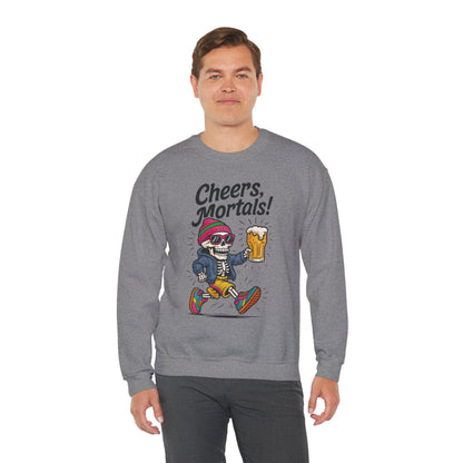 Cheers Mortals! Mens Crewneck Sweatshirt, Skeleton Beer Pullover with Hood, Drinking Humor Sweatshirt, Party Gift for Him, Halloween Apparel