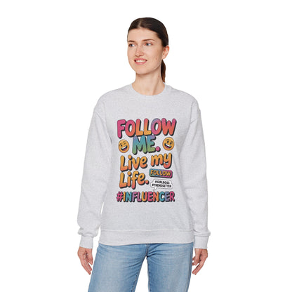 Womens Heavy Blend™ Crewneck Sweatshirt, Influencer Sweatshirt, Colorful Follow Me Live My Life Graphic Sweatshirt, Trendy GirlBoss Outfit