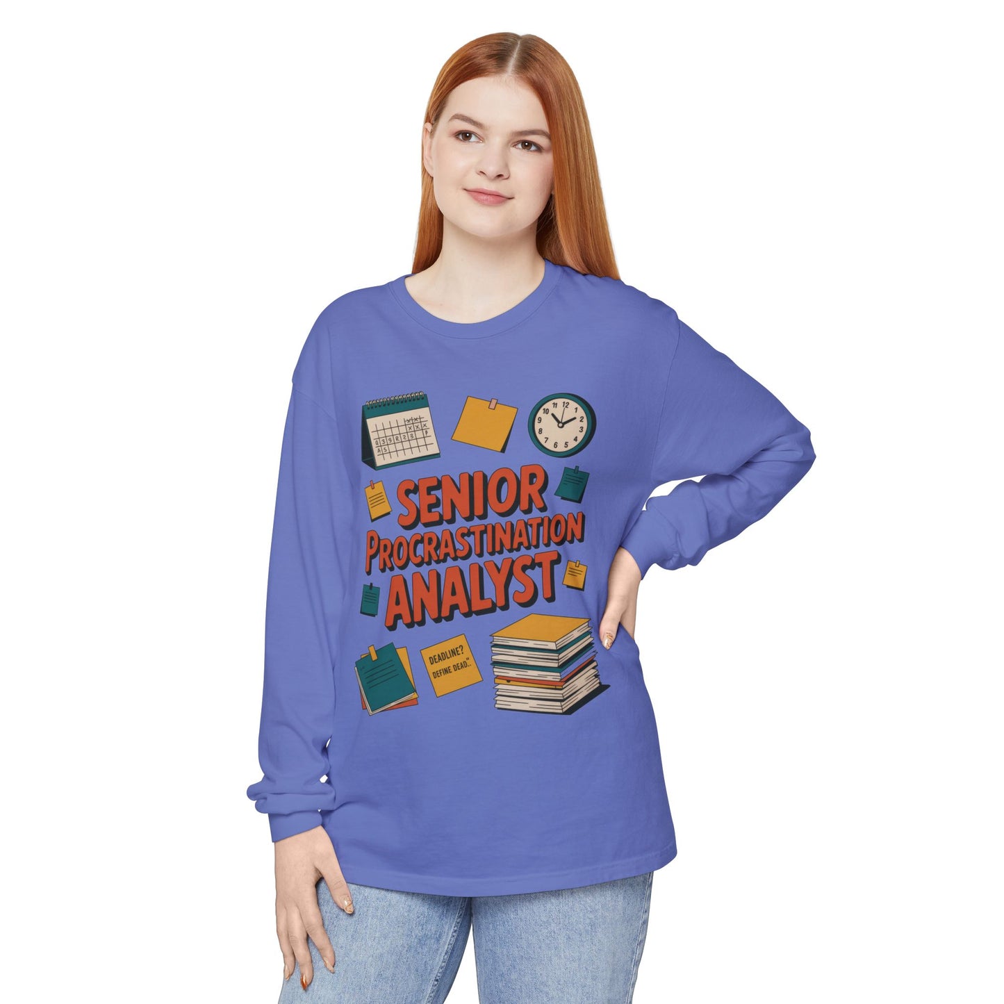 Senior Procrastination Analyst Long Sleeve Tee, Funny Work Shirt,Gift for Analysts, Office Humor, Meme Long Sleeve, Motivation Humor Apparel