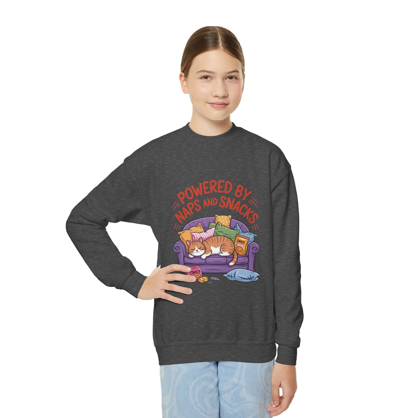 Youth Sweatshirt - Powered by Naps and Snacks, Cozy Apparel for Kids, Perfect for Chill Days, Gift for Cat Lovers, Funny Sweatshirt