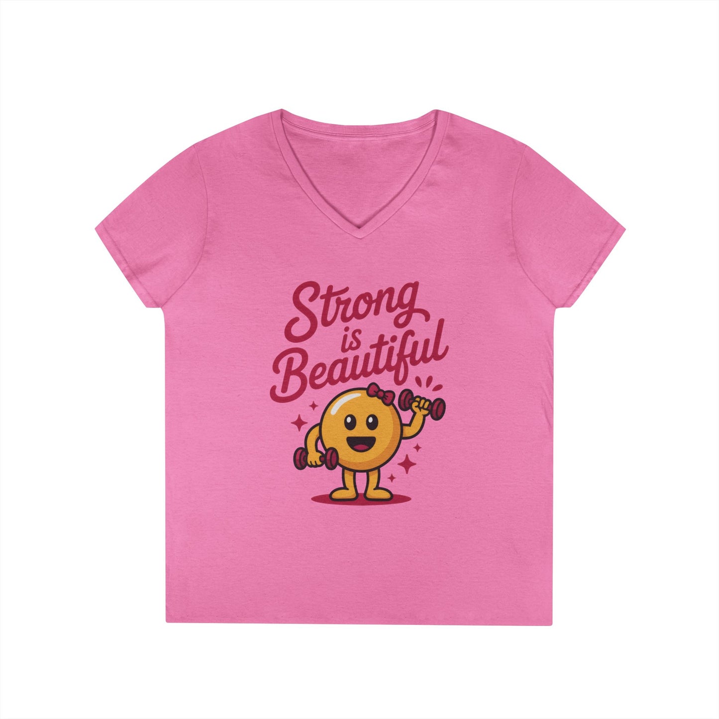 Ladies' V-Neck T-Shirt, Strong is Beautiful Womens Tee, Cute Fitness Character Tee, Inspirational Workout Shirt, Gym Motivation Gift for Her