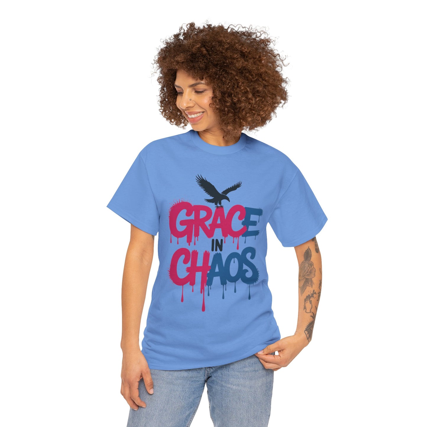 Womens Graffiti T-Shirt, Grace in Chaos Dripping Street Art Tee, Bold Urban Graphic Shirt