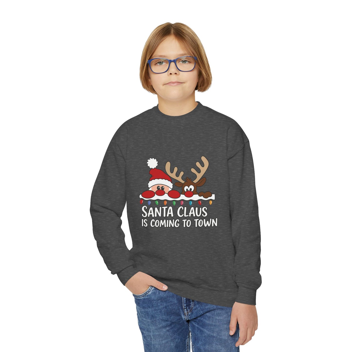 Santa Claus Is Coming to Town Kids Christmas Sweatshirt, Cute Santa - Reindeer Holiday Jumper