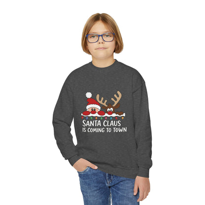 Santa Claus Is Coming to Town Kids Christmas Sweatshirt, Cute Santa - Reindeer Holiday Jumper